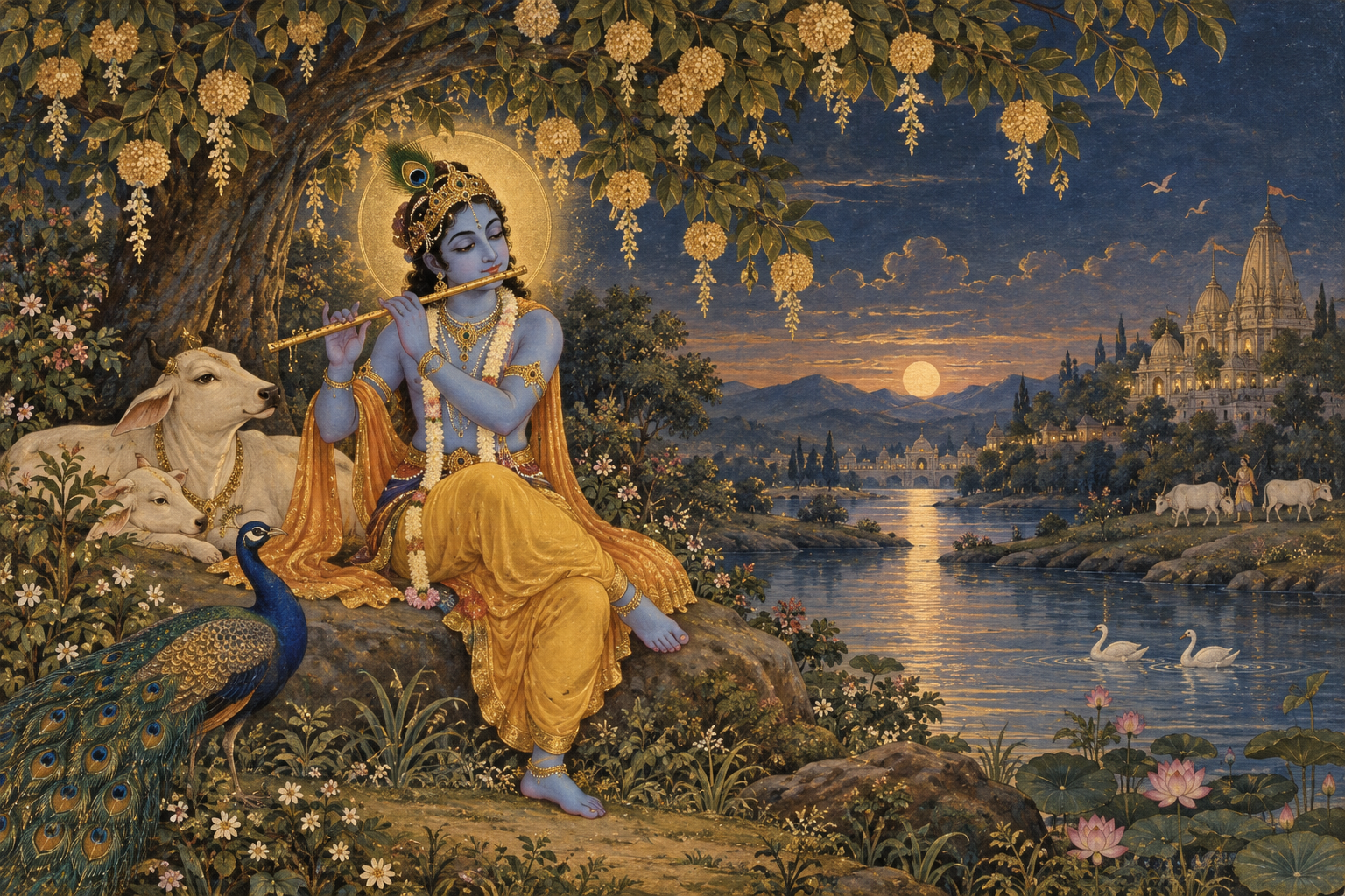 श्रीकृष्ण, मोर और नदी का सांकेतिक कलात्मक चित्र